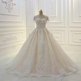 Long Ball Gown Beading Bateau Appliques Lace Wedding Dresses with Sleeves